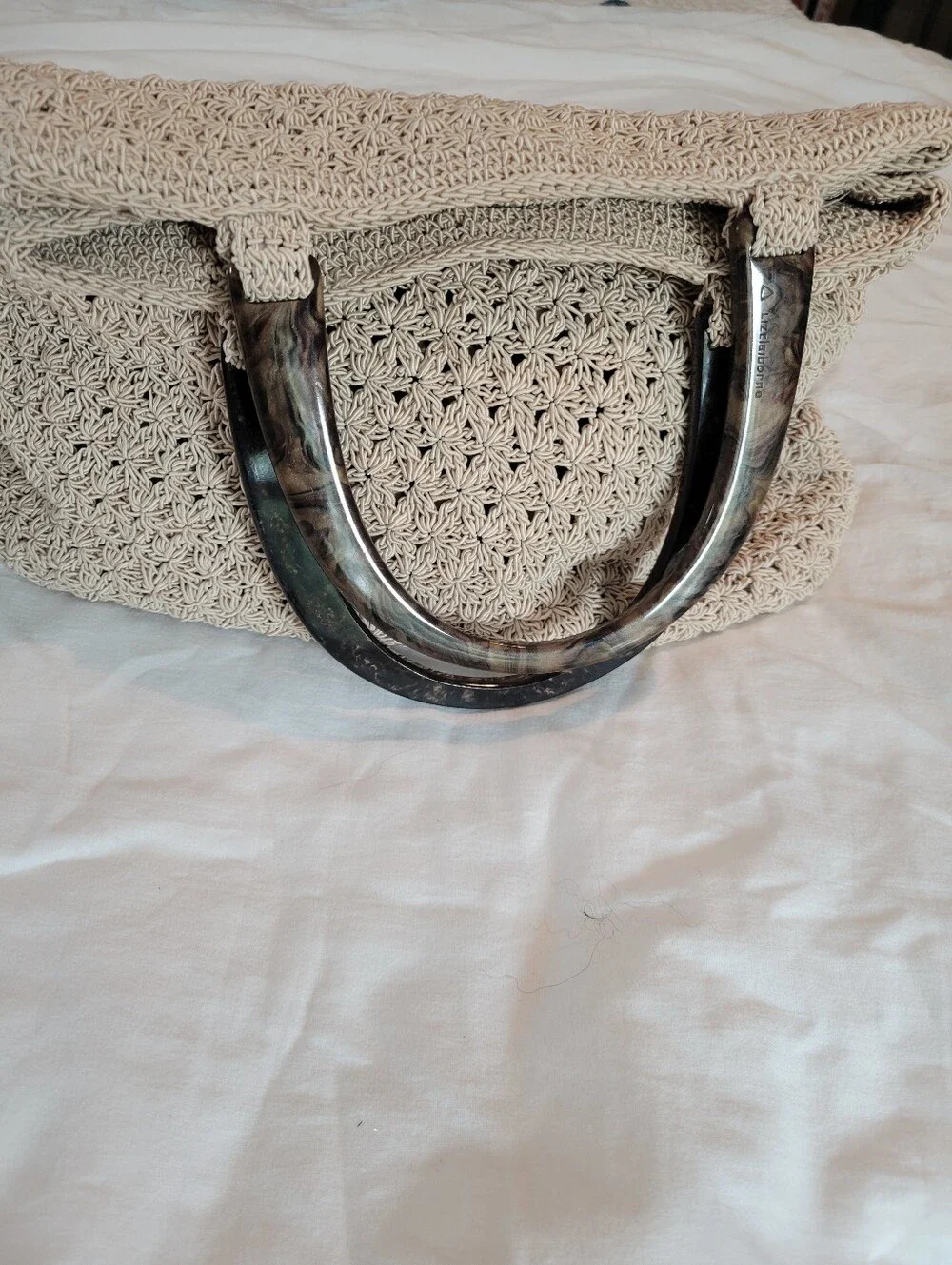 Vintage Liz Claiborne Cream Crochet Star Stitch Handbag Tortoiseshell Handle
